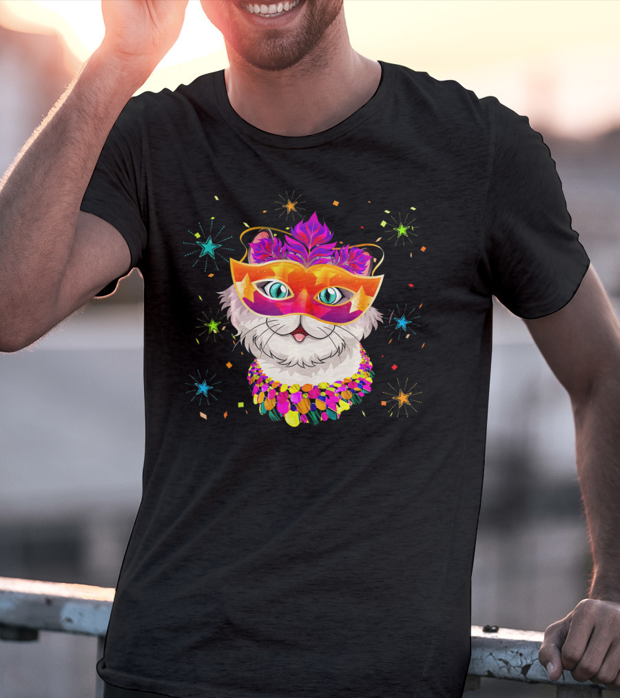 Mardi Gras Cat With Festive Mask And Beads For Cat Lovers T-Shirt
