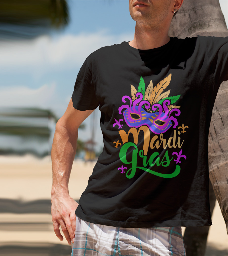 Mardi Gras Mask With Feathers And Fleur-de-Lis T-Shirt