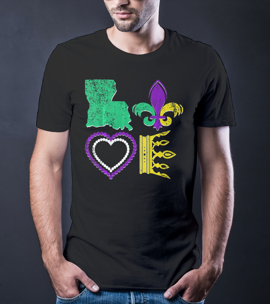Louisiana Love Mardi Gras Fleur-de-Lis Beads Crown T-Shirt