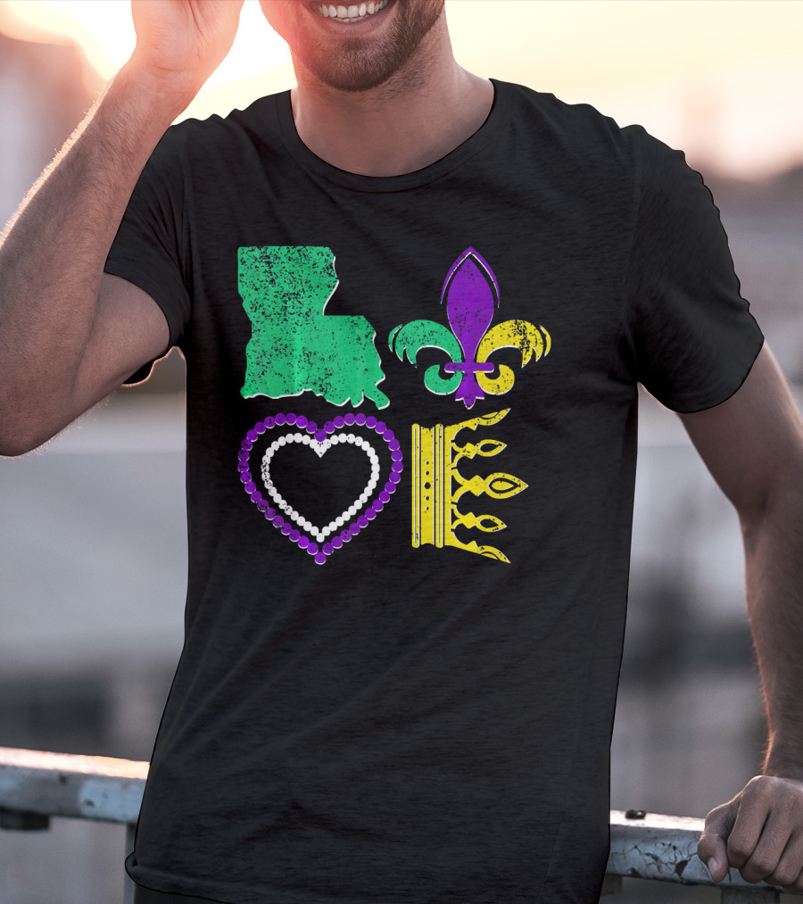Louisiana Love Mardi Gras Fleur-de-Lis Beads Crown T-Shirt