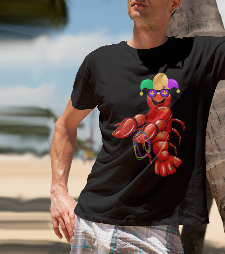 Flossing Mardi Gras Bead Jester Hat Crawfish With Sunglasses T-Shirt