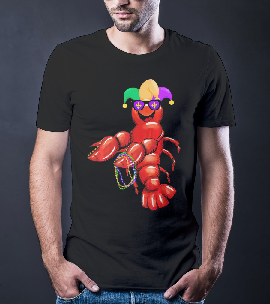 Flossing Mardi Gras Bead Jester Hat Crawfish With Sunglasses T-Shirt