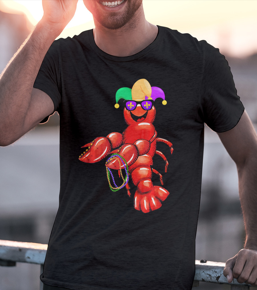 Flossing Mardi Gras Bead Jester Hat Crawfish With Sunglasses T-Shirt