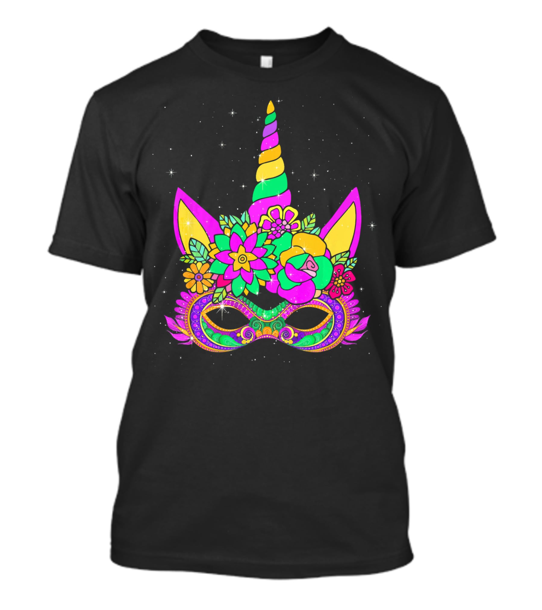 Mardi Gras Unicorn Floral Mask With Colorful Decorations T-Shirt