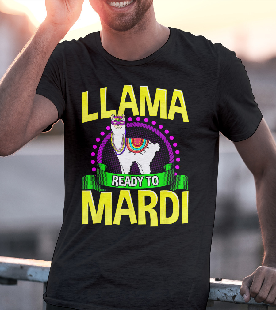 Llama Ready To Mardi Funny Llama Lover Festive Mask Beads Parade T-Shirt
