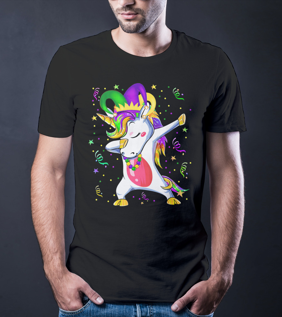Mardi Gras Unicorn Dabbing Celebration With Beads And Jester Hat T-Shirt