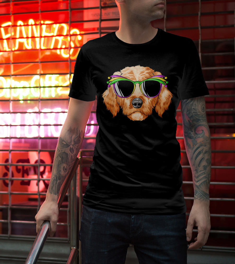 Goldendoodle Mardi Gras Carnival Mask Sunglasses T-Shirt