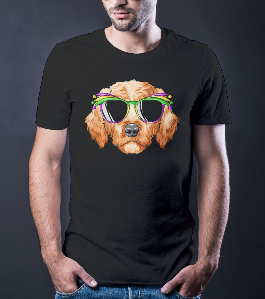 Goldendoodle Mardi Gras Carnival Mask Sunglasses T-Shirt