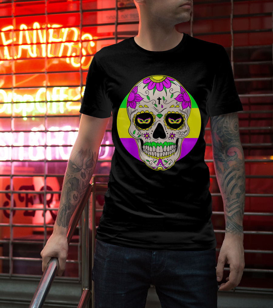 Mardi Gras Sugar Skull With Jester Hat And Mask Elements T-Shirt