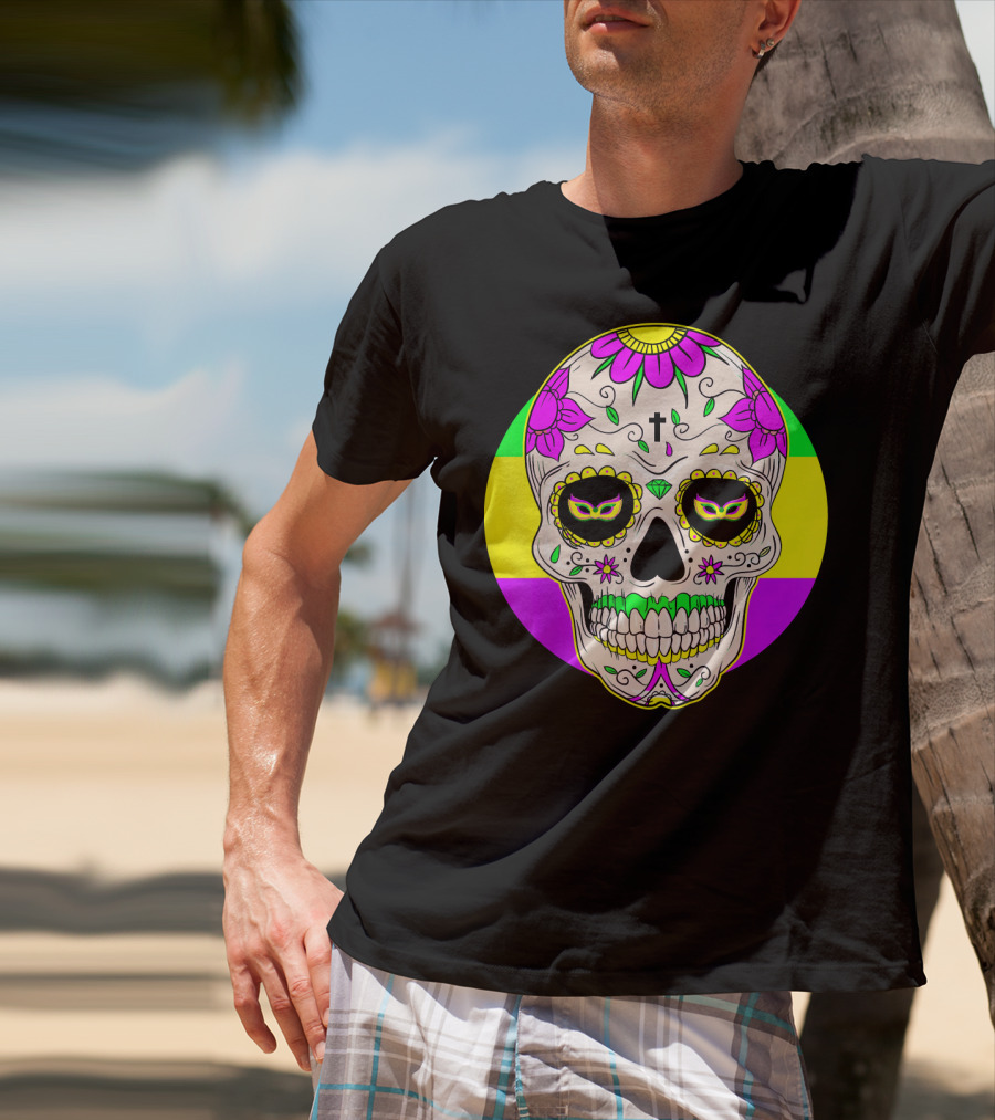 Mardi Gras Sugar Skull With Jester Hat And Mask Elements T-Shirt