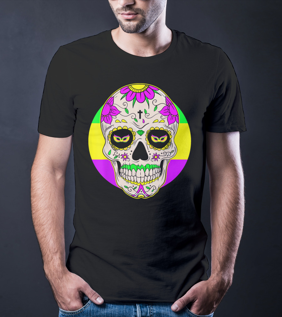 Mardi Gras Sugar Skull With Jester Hat And Mask Elements T-Shirt