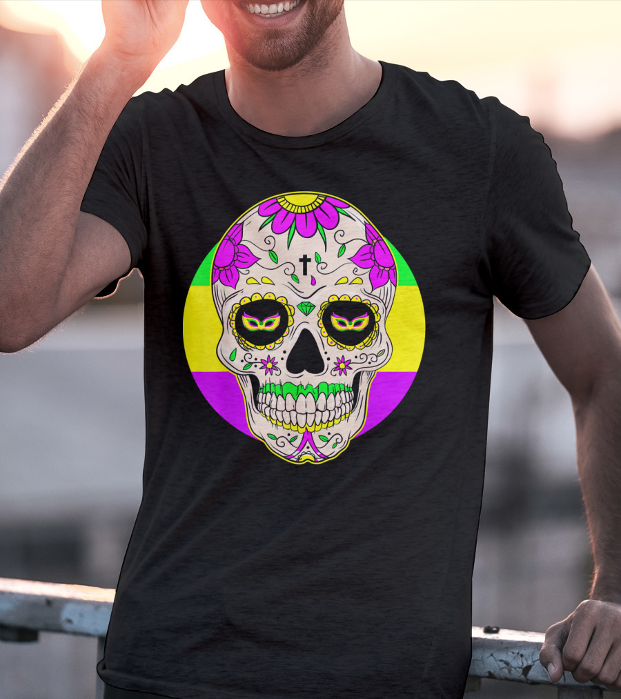 Mardi Gras Sugar Skull With Jester Hat And Mask Elements T-Shirt