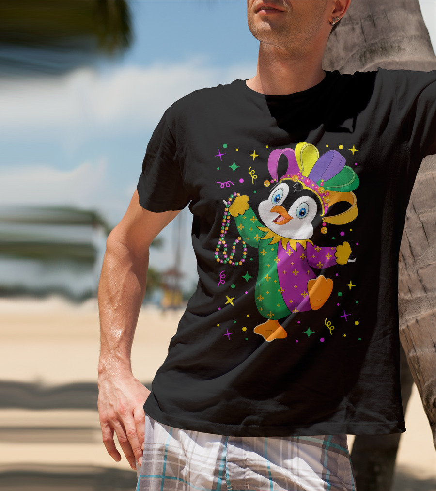 Cute Penguin Jester With Mardi Gras Colors And Beads T-Shirt