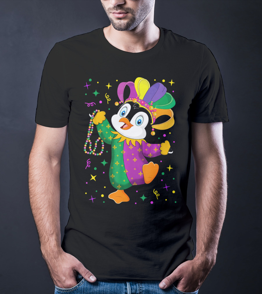 Cute Penguin Jester With Mardi Gras Colors And Beads T-Shirt
