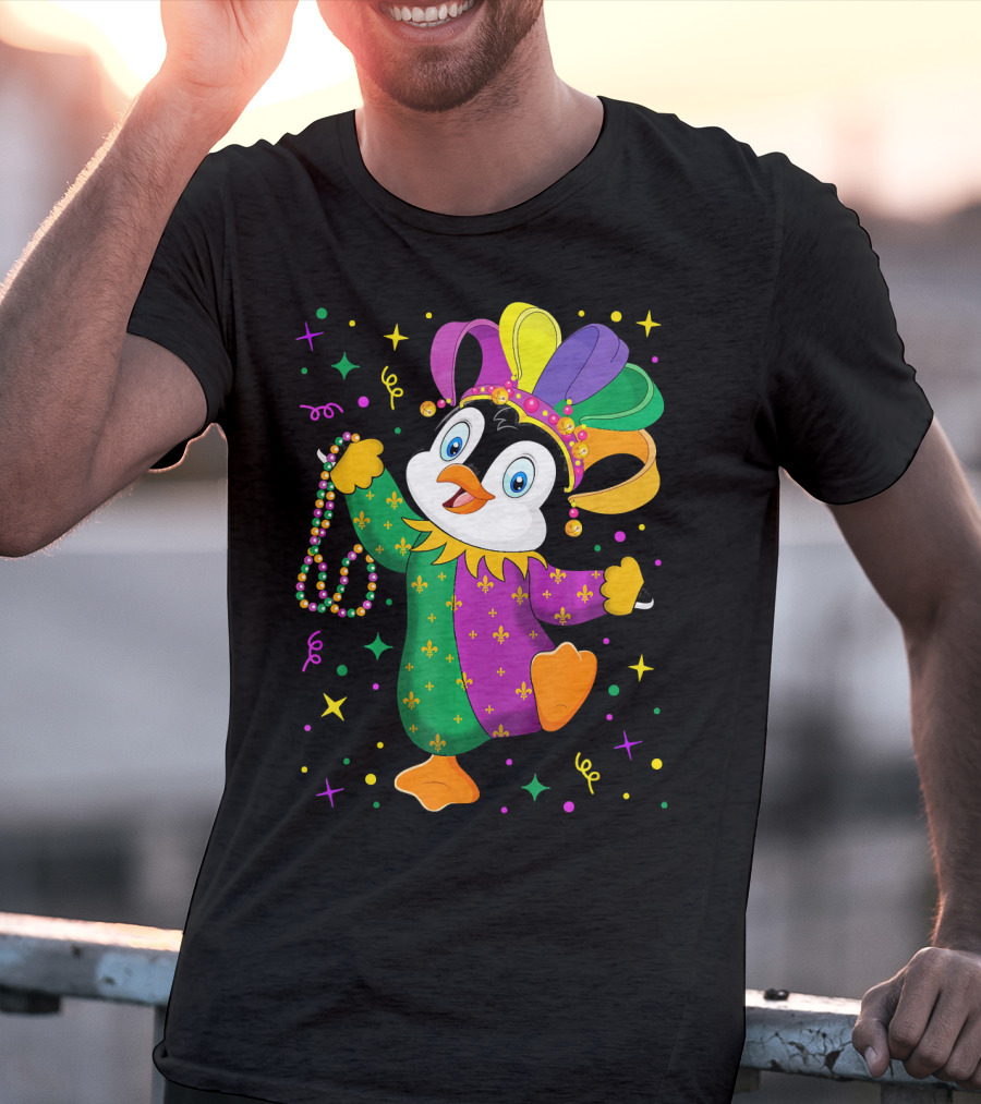 Cute Penguin Jester With Mardi Gras Colors And Beads T-Shirt