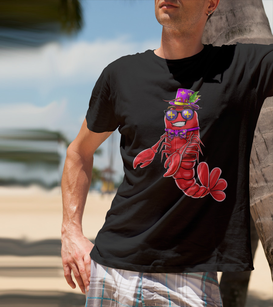 Flossing Crawfish In Mardi Gras Jester Hat With Beads And Fleur-de-lis Glasses T-Shirt