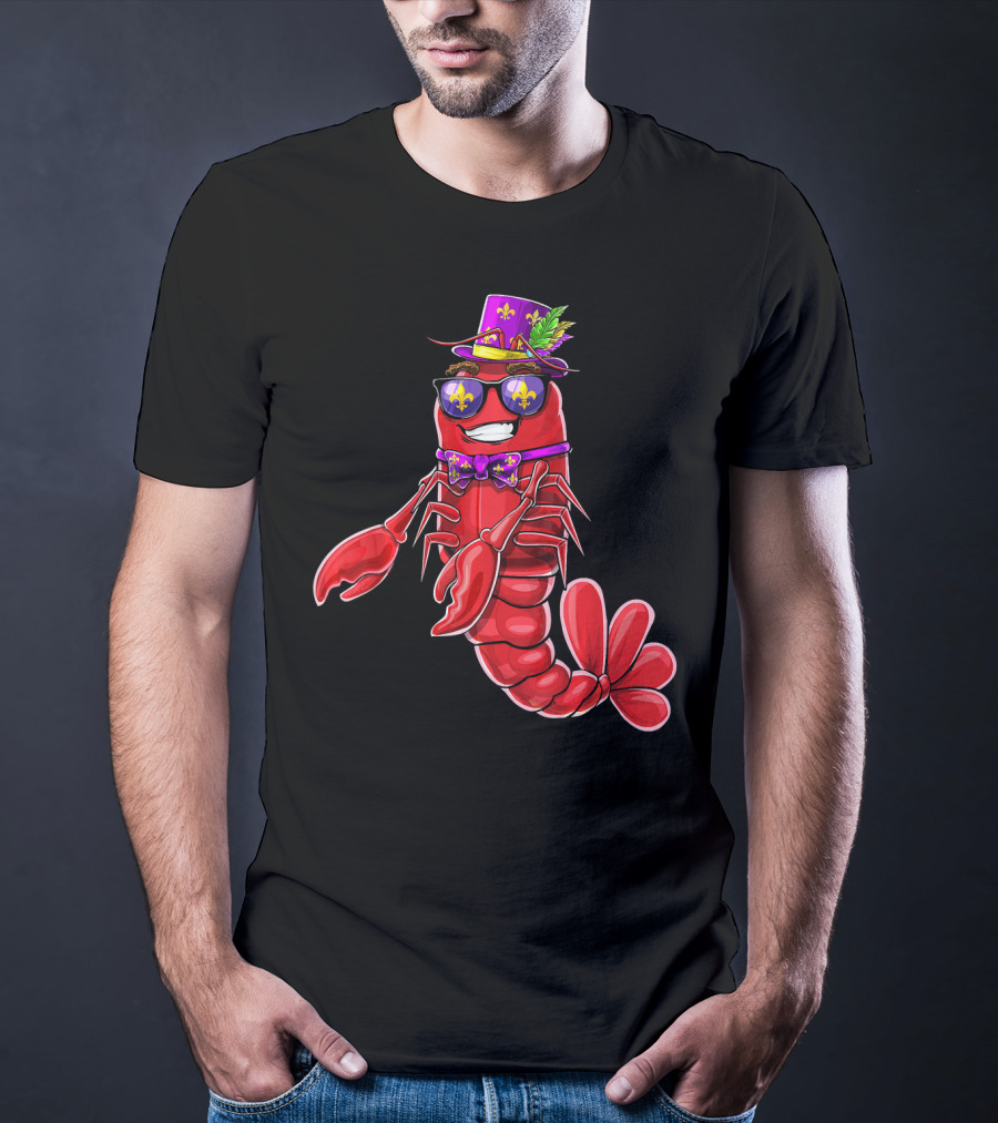 Flossing Crawfish In Mardi Gras Jester Hat With Beads And Fleur-de-lis Glasses T-Shirt