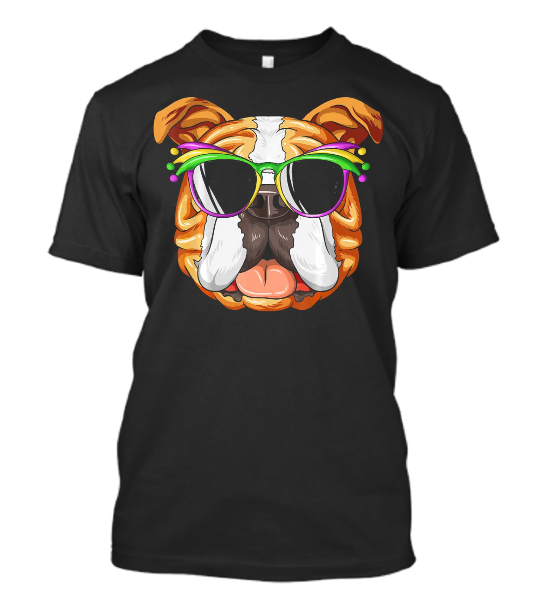 English Bulldog Wearing Colorful Mardi Gras Carnival Mask Glasses T-Shirt