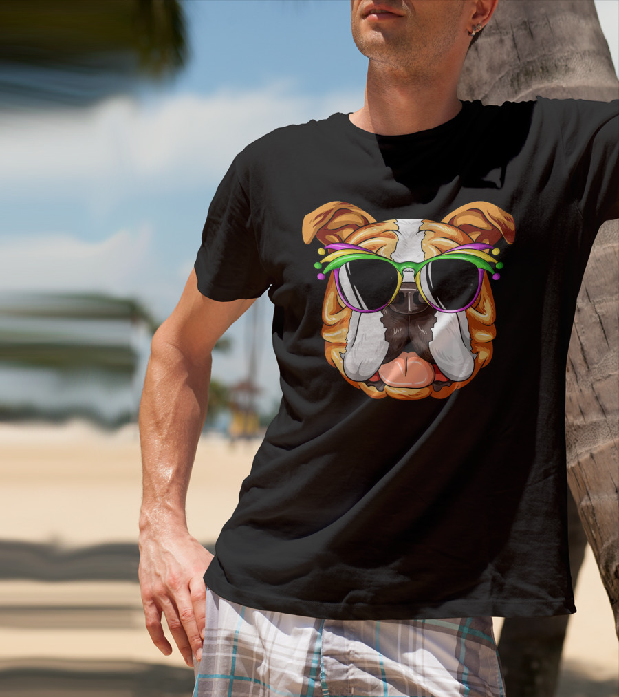 English Bulldog Wearing Colorful Mardi Gras Carnival Mask Glasses T-Shirt