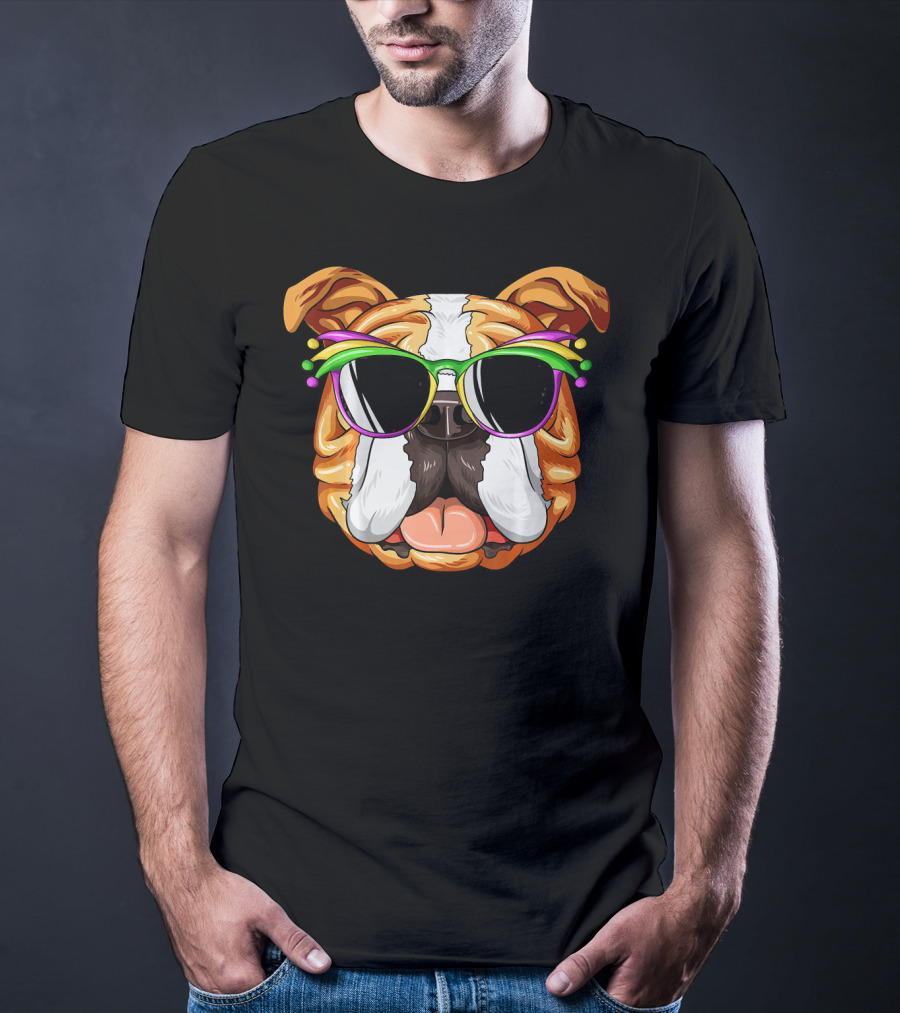 English Bulldog Wearing Colorful Mardi Gras Carnival Mask Glasses T-Shirt