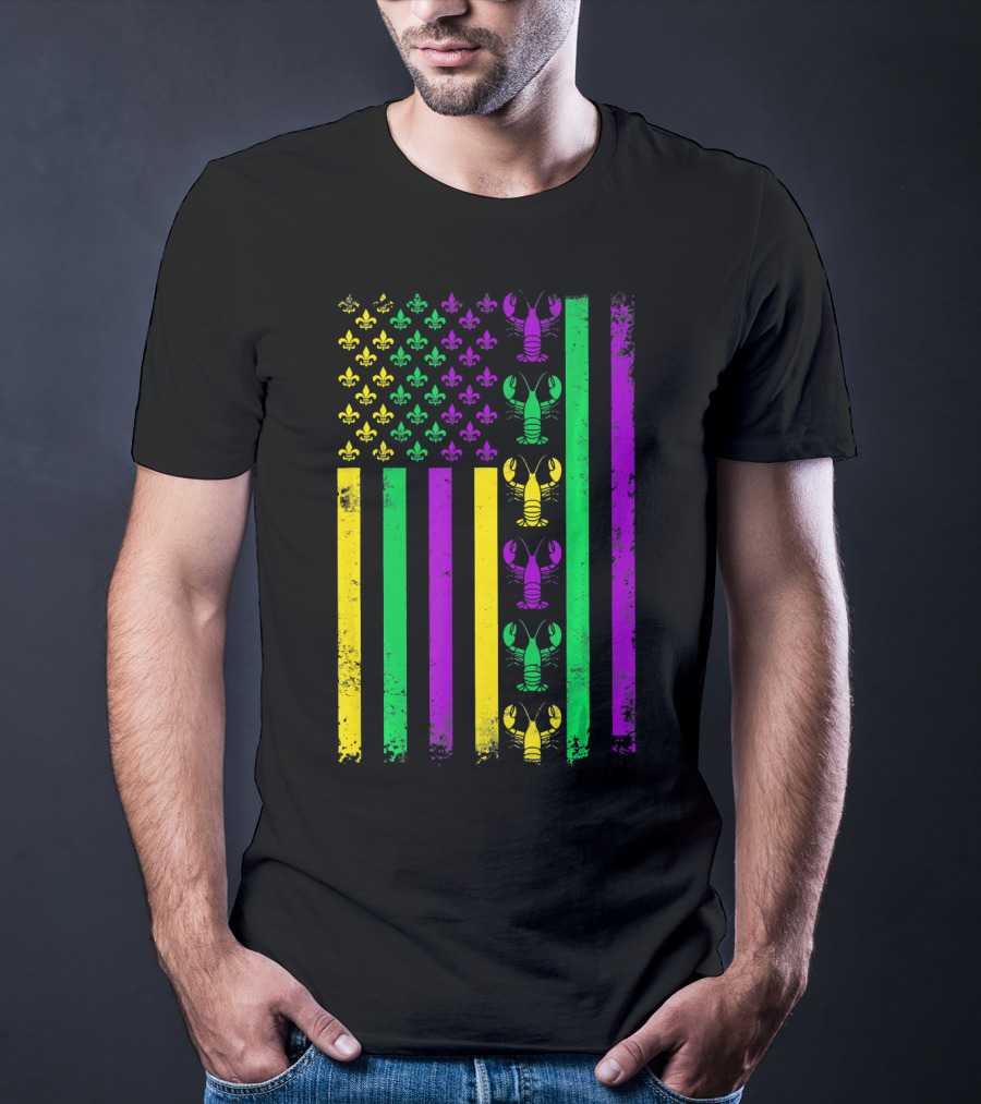 American Flag Mardi Gras Crawfish Fleur-de-Lis T-Shirt
