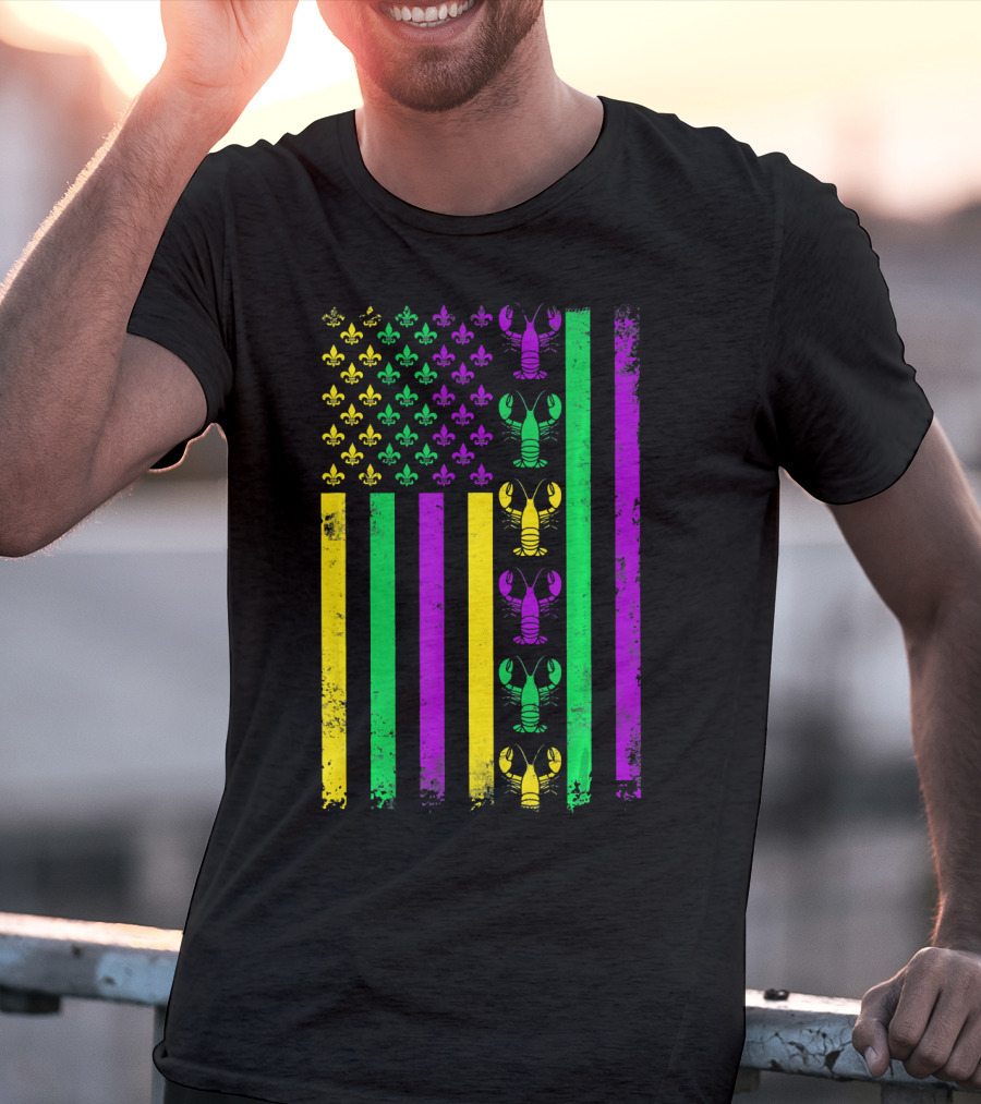 American Flag Mardi Gras Crawfish Fleur-de-Lis T-Shirt