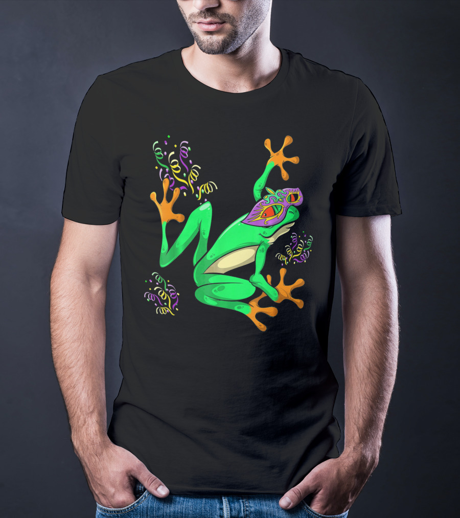Frog In Mardi Gras Mask With Party Streamers T-Shirt
