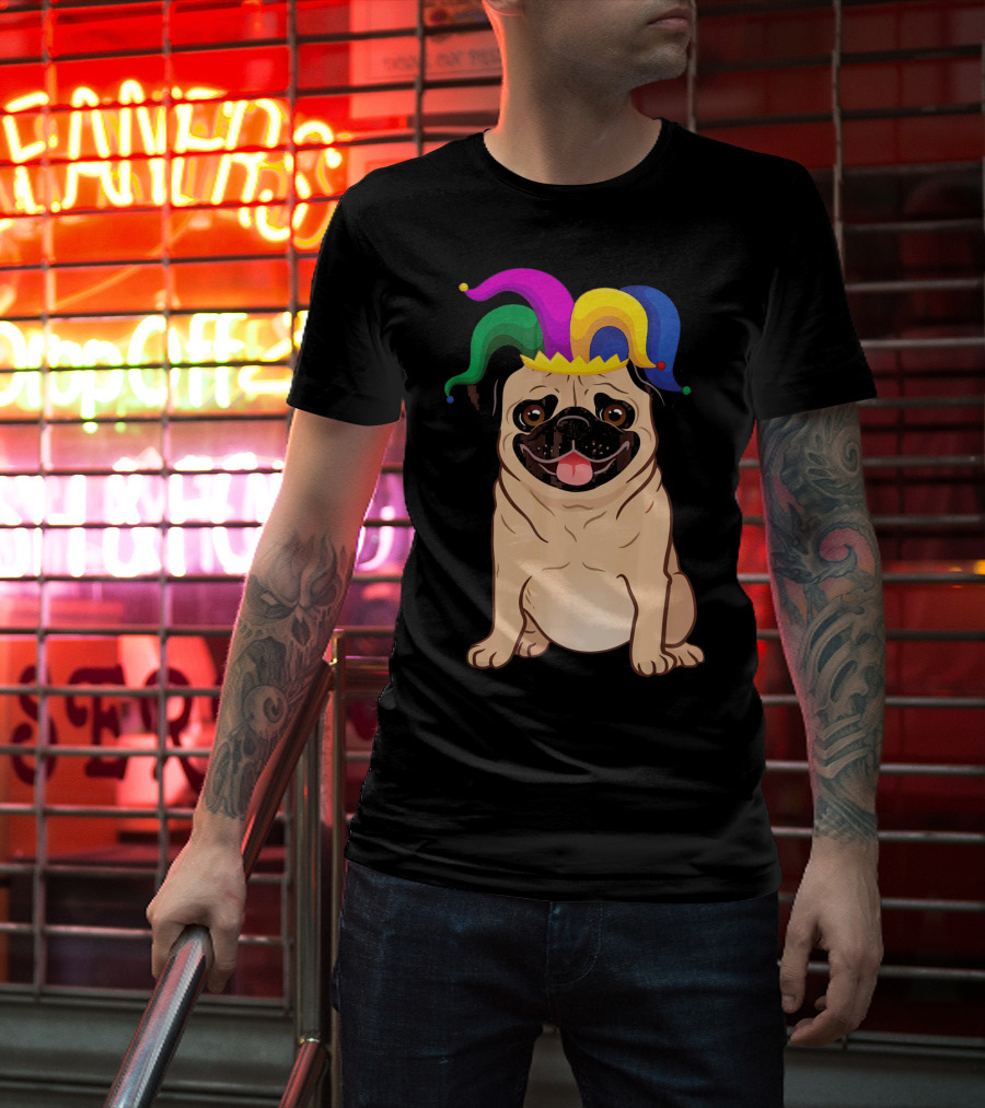 Pug Dog Wearing Colorful Jester Hat For Mardi Gras T-Shirt