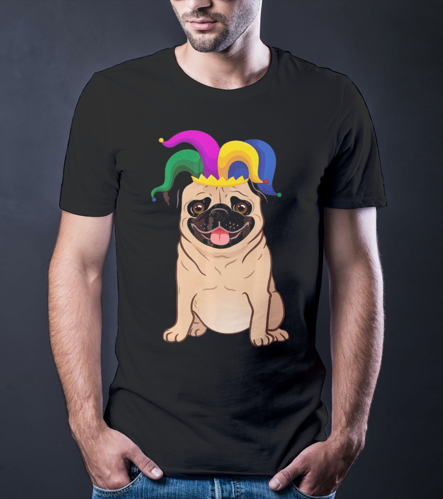 Pug Dog Wearing Colorful Jester Hat For Mardi Gras T-Shirt