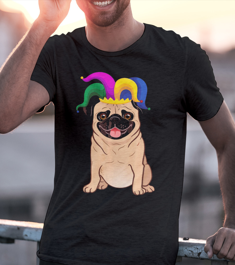 Pug Dog Wearing Colorful Jester Hat For Mardi Gras T-Shirt