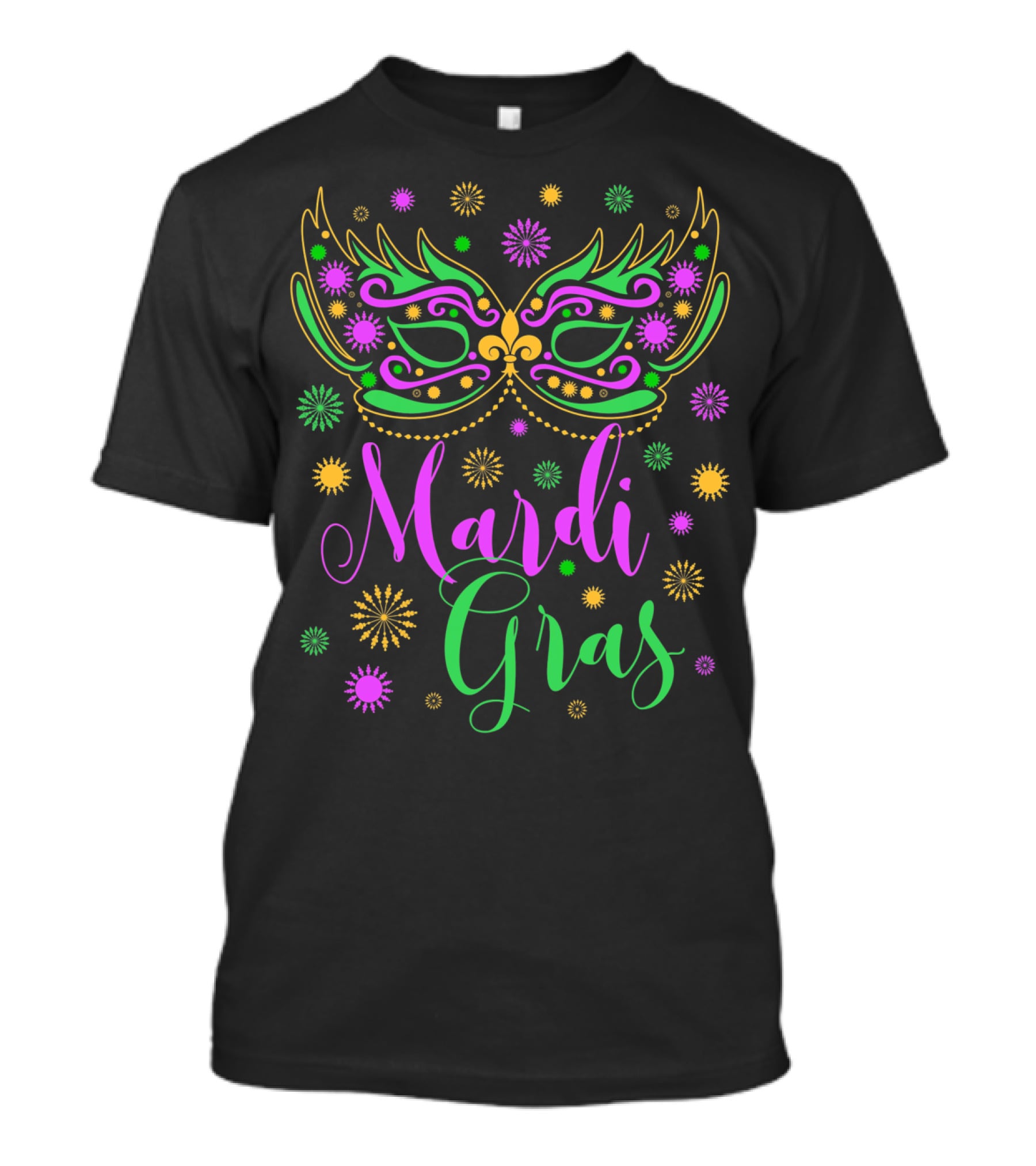 Mardi Gras Feathered Mask Colorful Celebration Text T-Shirt