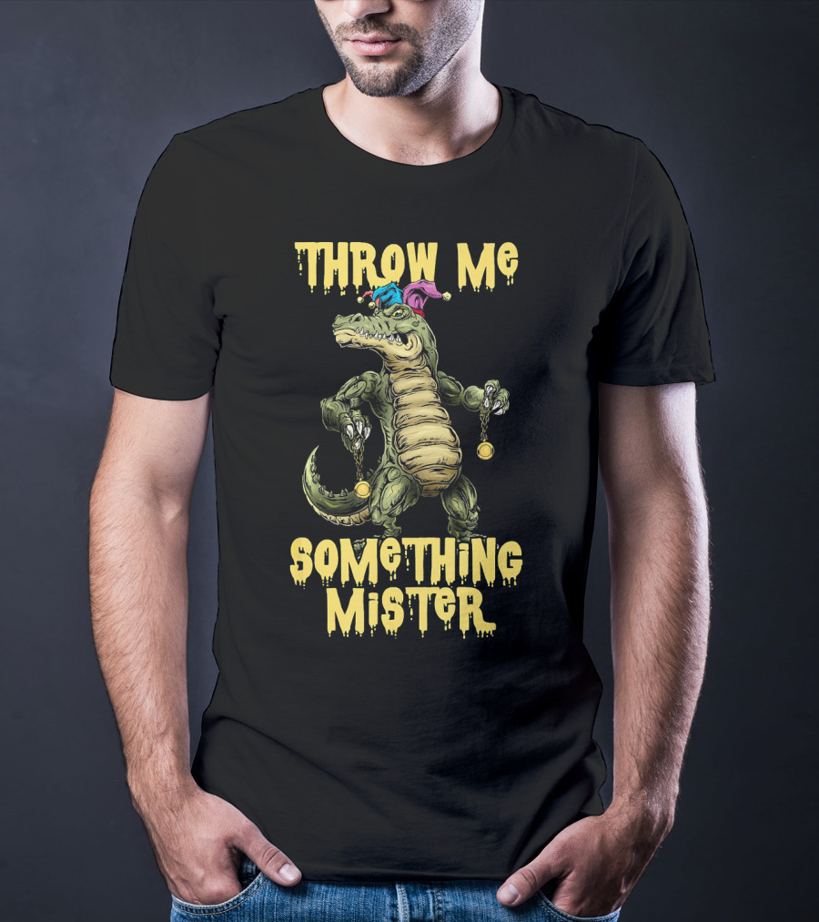 Throw Me Something Mister Mardi Gras Alligator With Beads And Jester Hat T-Shirt