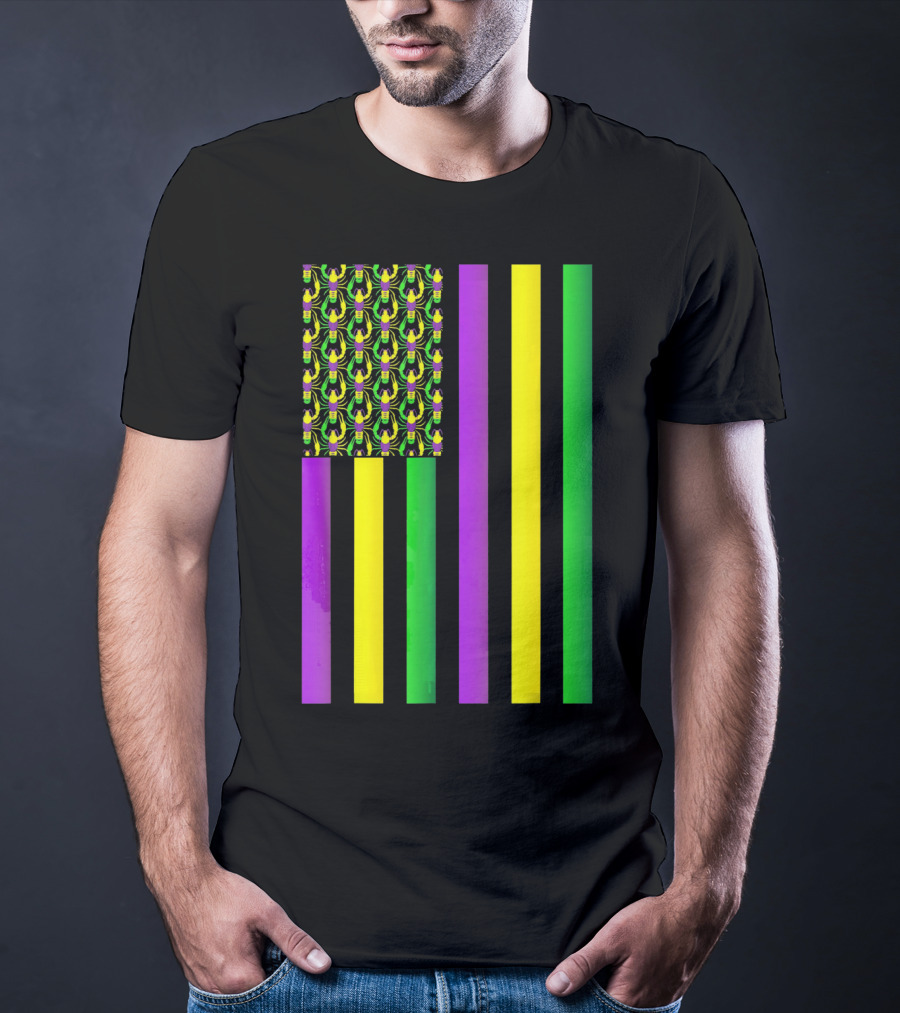 Usa Flag Mardi Gras Crawfish Purple Yellow Green Stripes T-Shirt