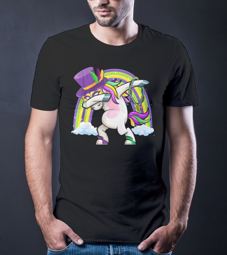 Mardi Gras Dabbing Unicorn Masked With Beads And Hat T-Shirt