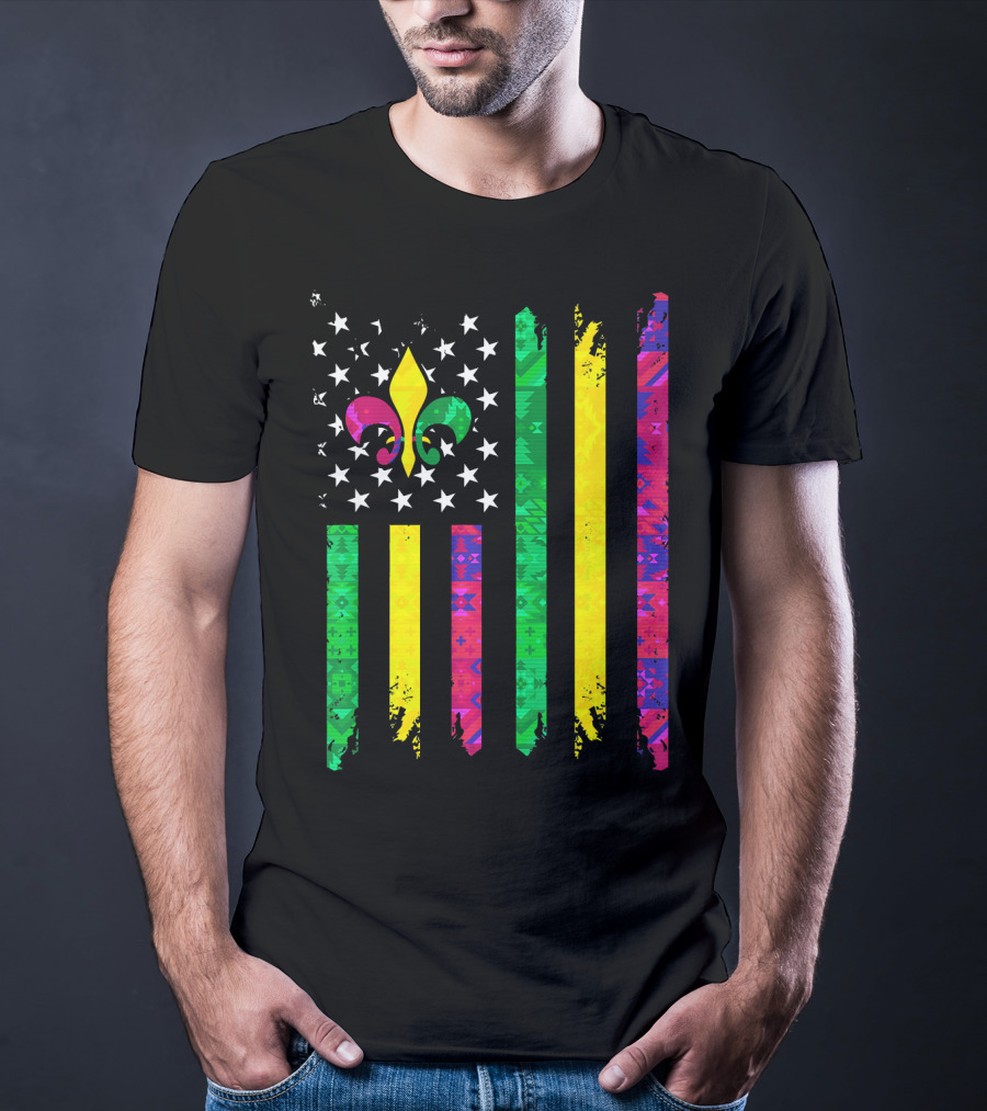 Mardi Gras Colors Fleur De Lis American Flag T-Shirt