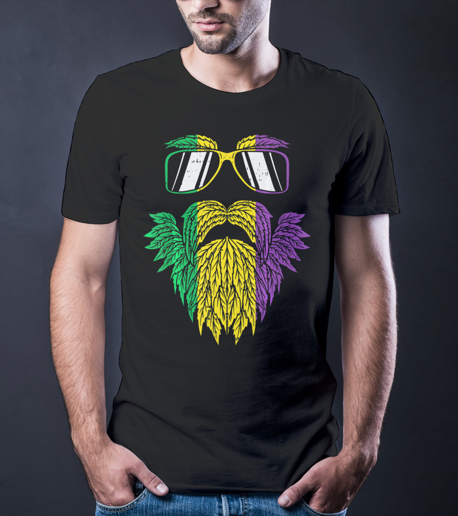 Purple Green Yellow Beard Sunglasses Mardi Gras Hipster T-Shirt