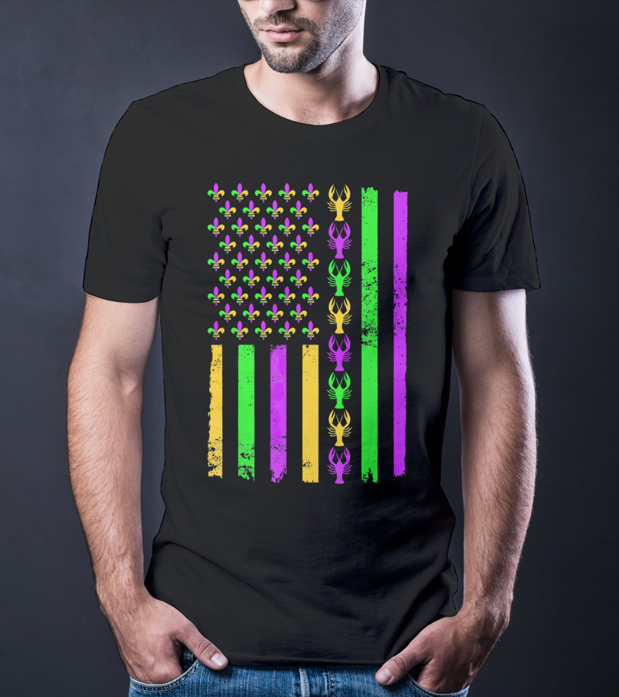 American Flag Fleur De Lis Crawfish Mardi Gras Colors T-Shirt