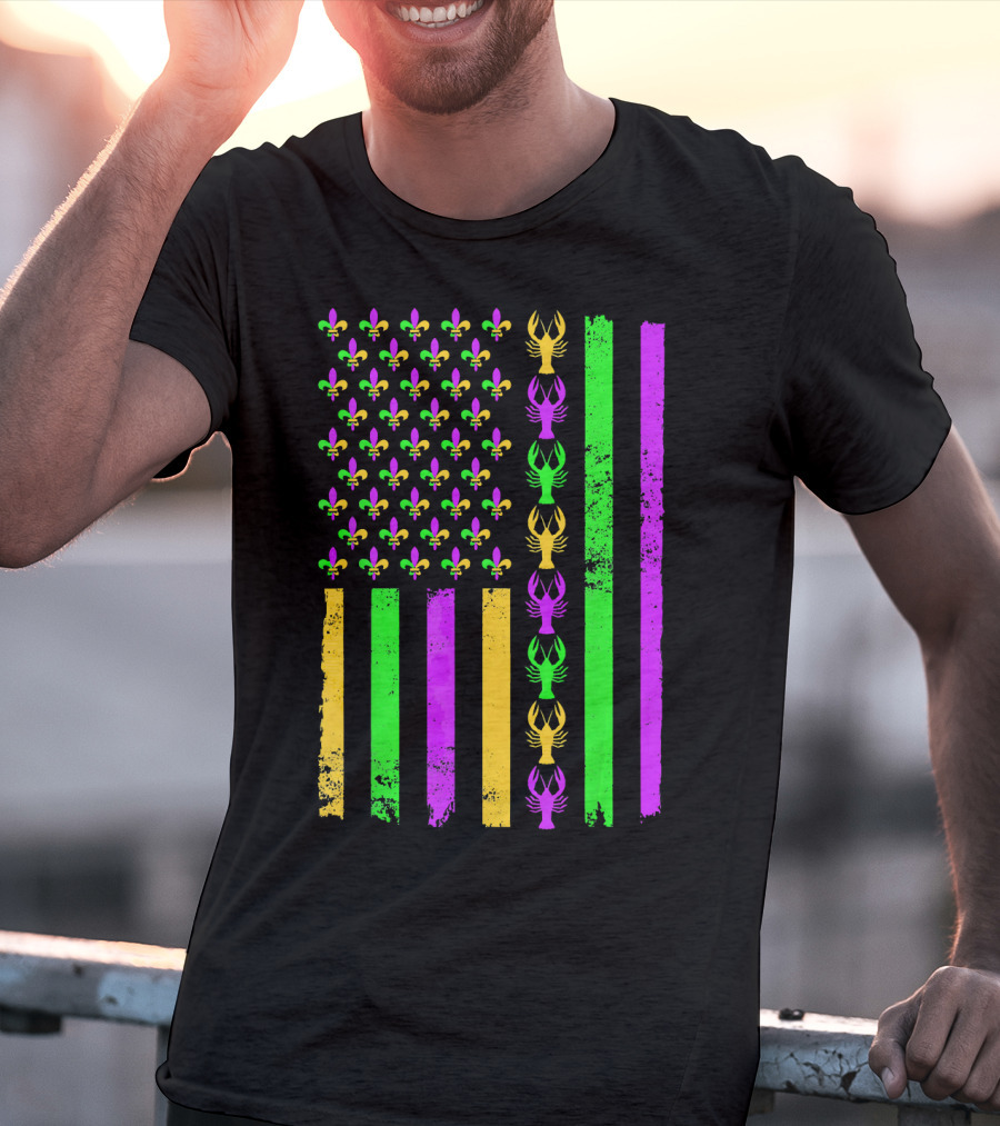 American Flag Fleur De Lis Crawfish Mardi Gras Colors T-Shirt
