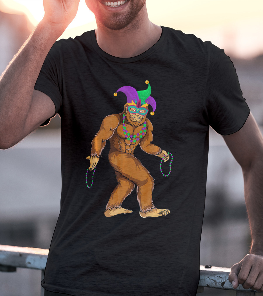 Mardi Gras Bigfoot Wearing Jester Hat Mask And Beads T-Shirt