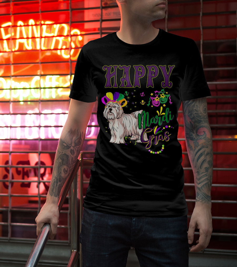 Happy Mardi Gras Maltese With Colorful Masks And Beads T-Shirt