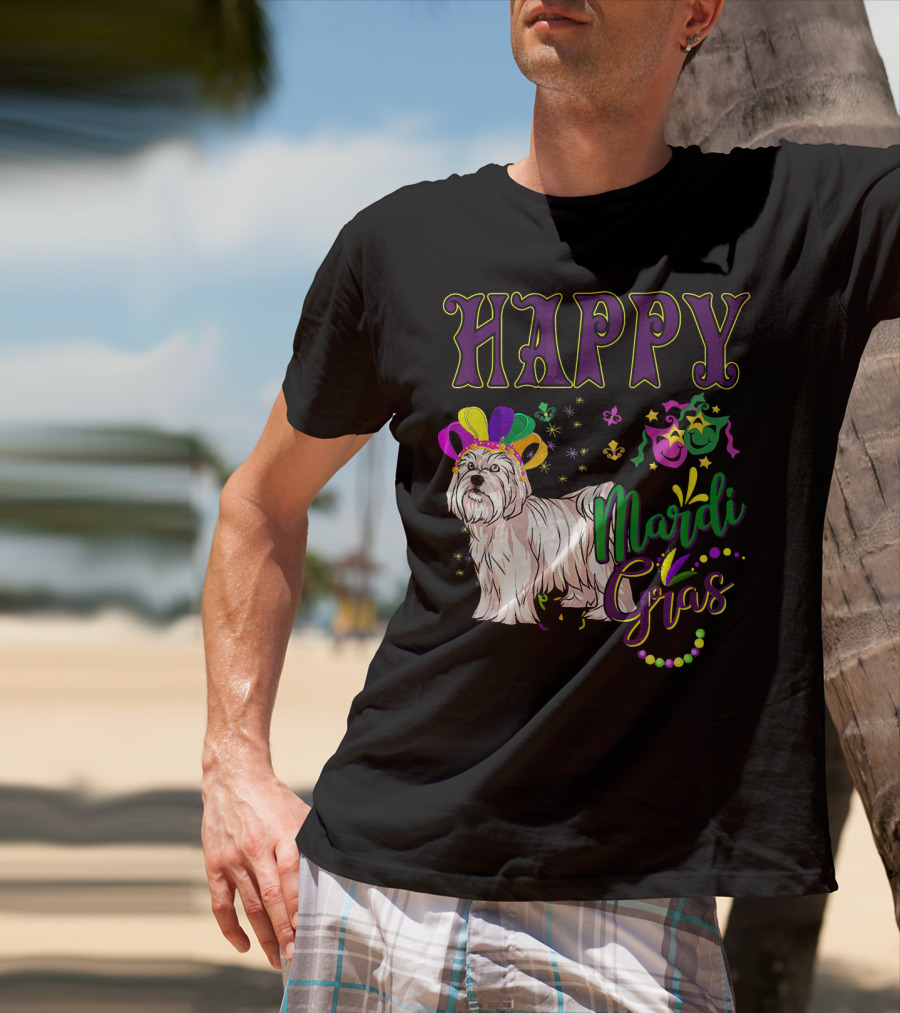 Happy Mardi Gras Maltese With Colorful Masks And Beads T-Shirt