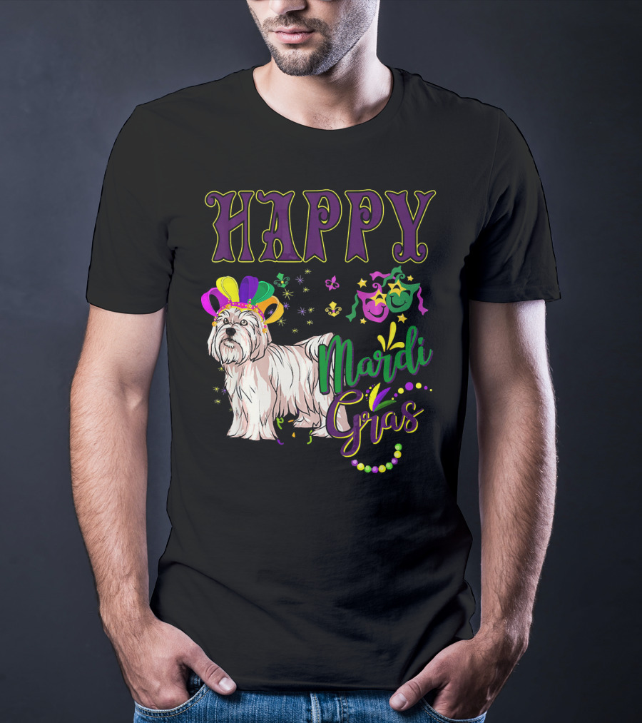 Happy Mardi Gras Maltese With Colorful Masks And Beads T-Shirt