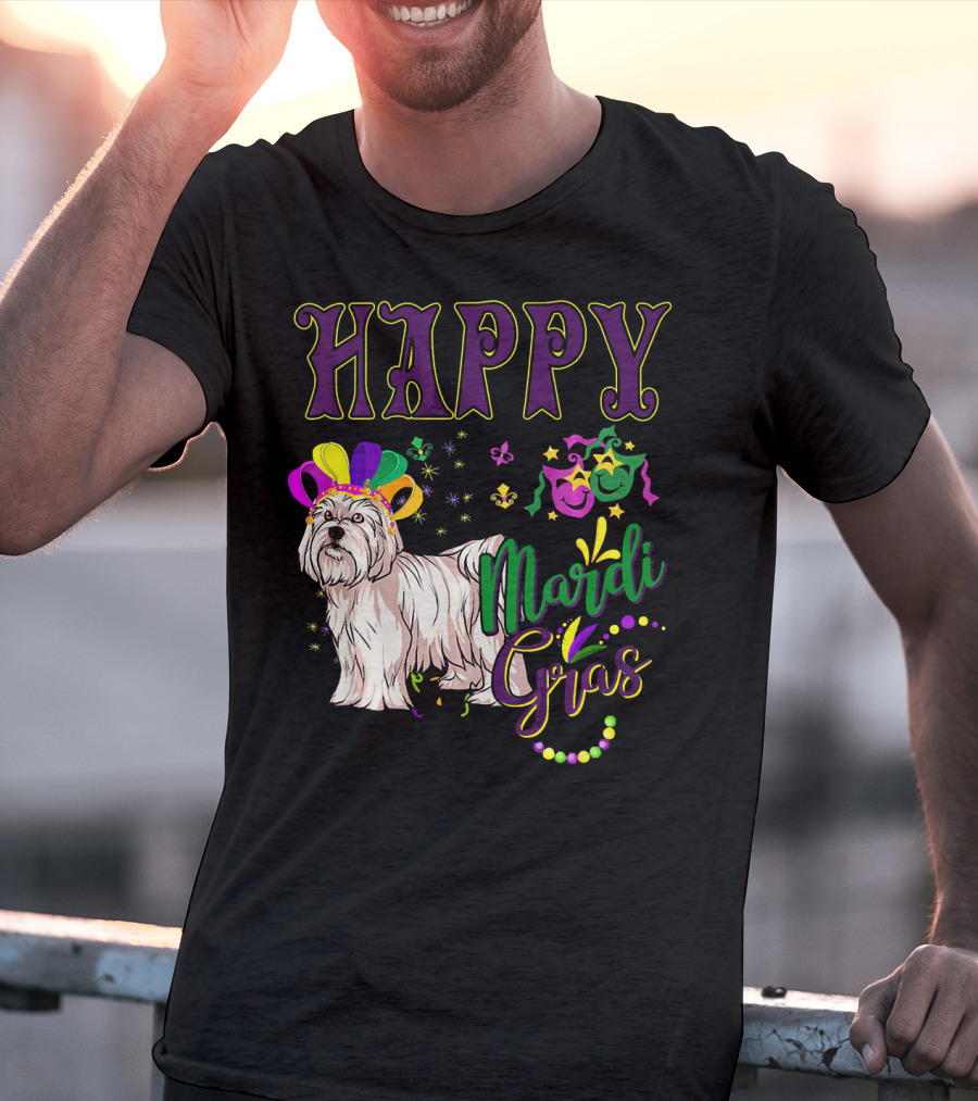 Happy Mardi Gras Maltese With Colorful Masks And Beads T-Shirt