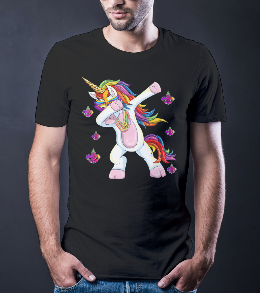 Mardi Gras New Orleans Unicorn Dabbing Fleur-de-Lis Beads T-Shirt