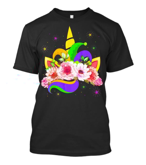 Mardi Gras Unicorn Costume With Mask Bea Floral Headpiece And Colorful Jester Hat T-Shirt