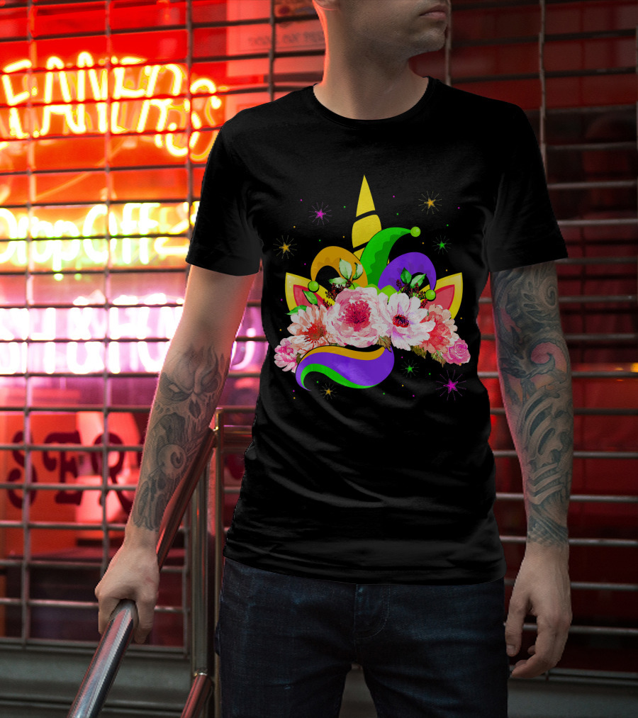 Mardi Gras Unicorn Costume With Mask Bea Floral Headpiece And Colorful Jester Hat T-Shirt