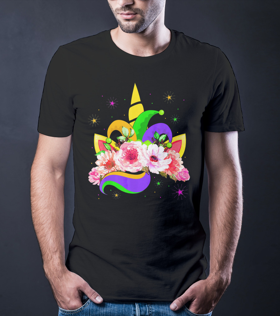 Mardi Gras Unicorn Costume With Mask Bea Floral Headpiece And Colorful Jester Hat T-Shirt