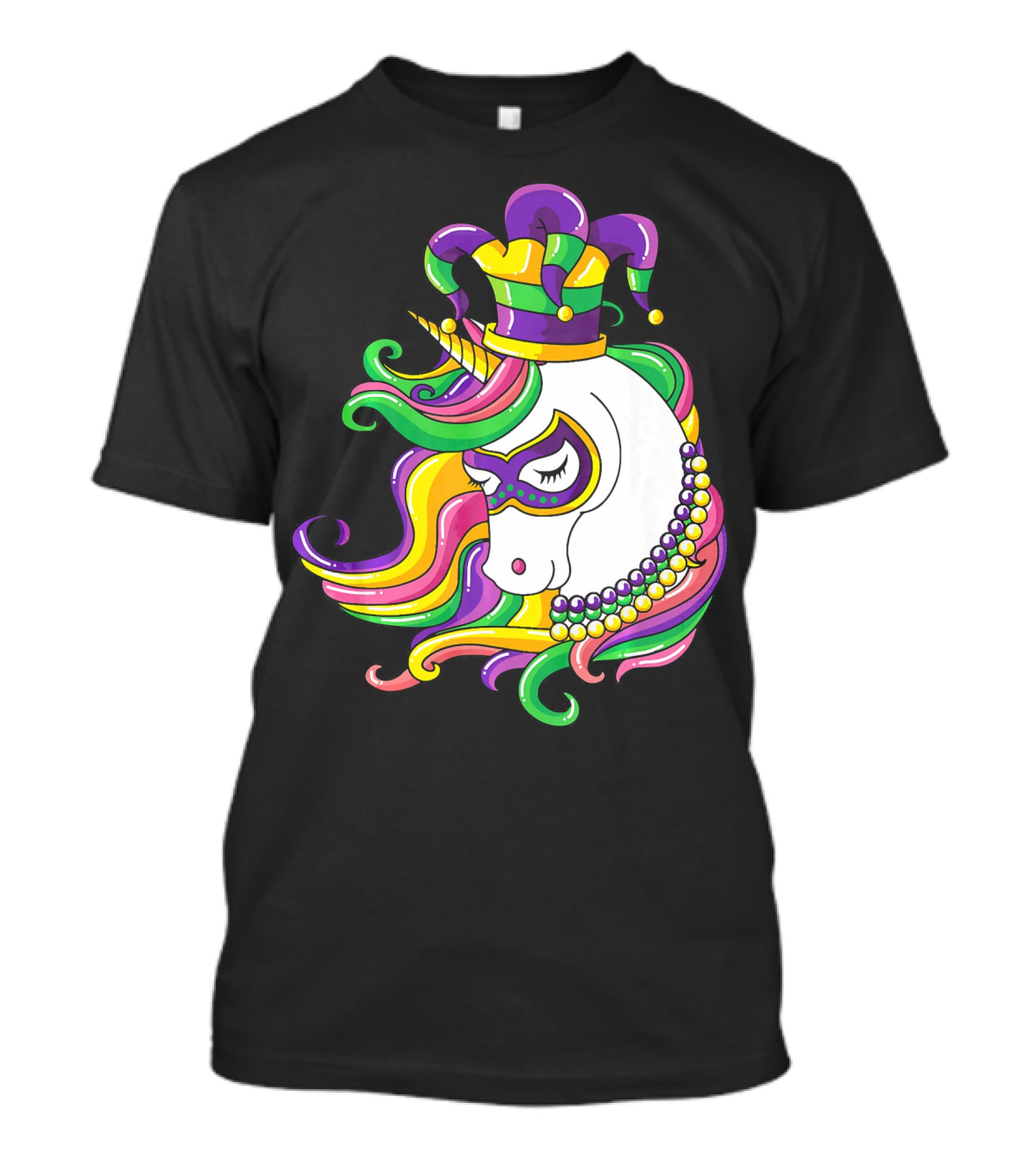 Jester Hat Rainbow Unicorn Mardi Gras Beads T-Shirt