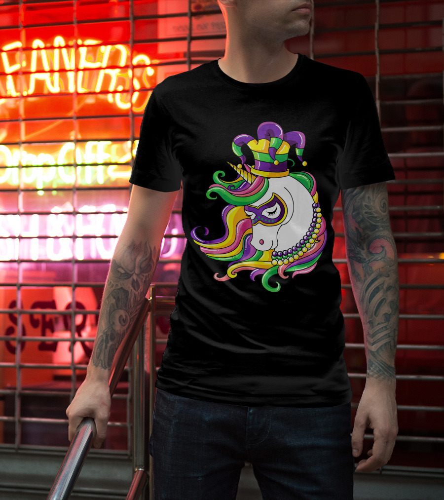 Jester Hat Rainbow Unicorn Mardi Gras Beads T-Shirt