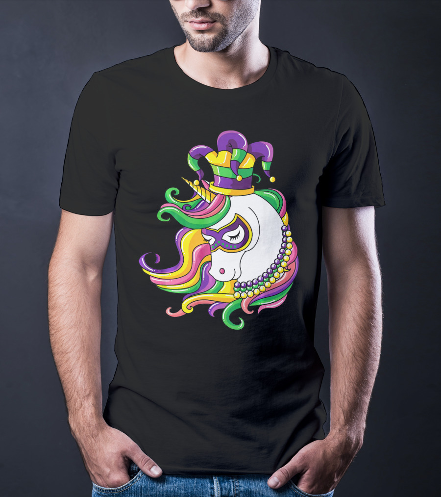 Jester Hat Rainbow Unicorn Mardi Gras Beads T-Shirt